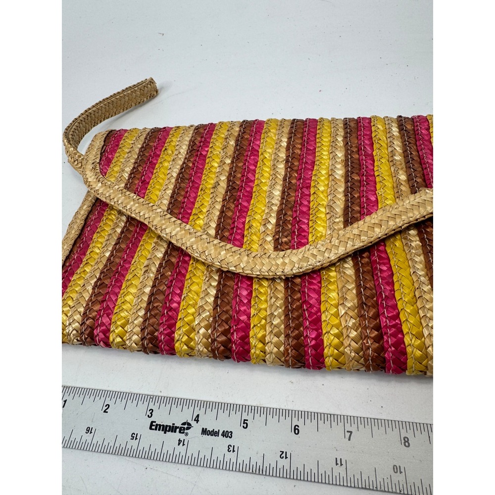 Vintage Woven Straw Striped Clutch Bag Pink Yellow Brown Boho Summer Wristlet